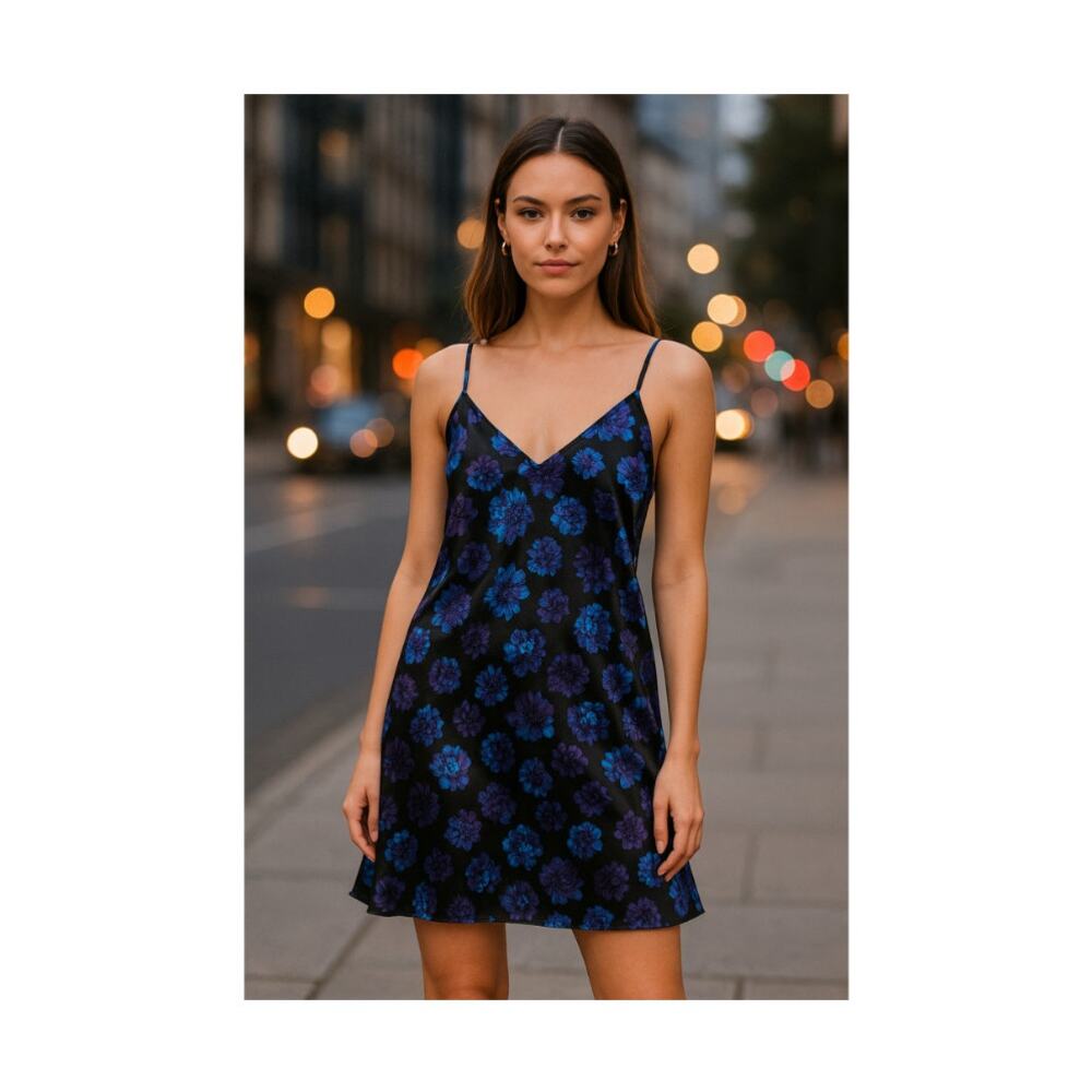Bay6 Black Floral Slip Dress Purple Blue Satin Look Size M